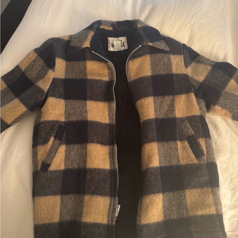 Woolrich Black and Tan Plaid Wool Zip Jacket